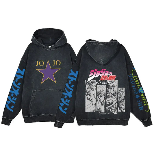Anime Jojo Bizarre Adventure Print Hoodie Men Vintage Pullover Winter Hip Hop Washed Hooded Sweatshirt Streetwear Oversized Tops