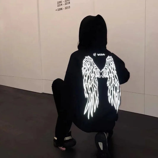 Hooded Sweatshirts Reflective Angel Wings Women's Fleece Jacket Long Sleeve Hooded Pullover Couples Matching Unisex Hoodies