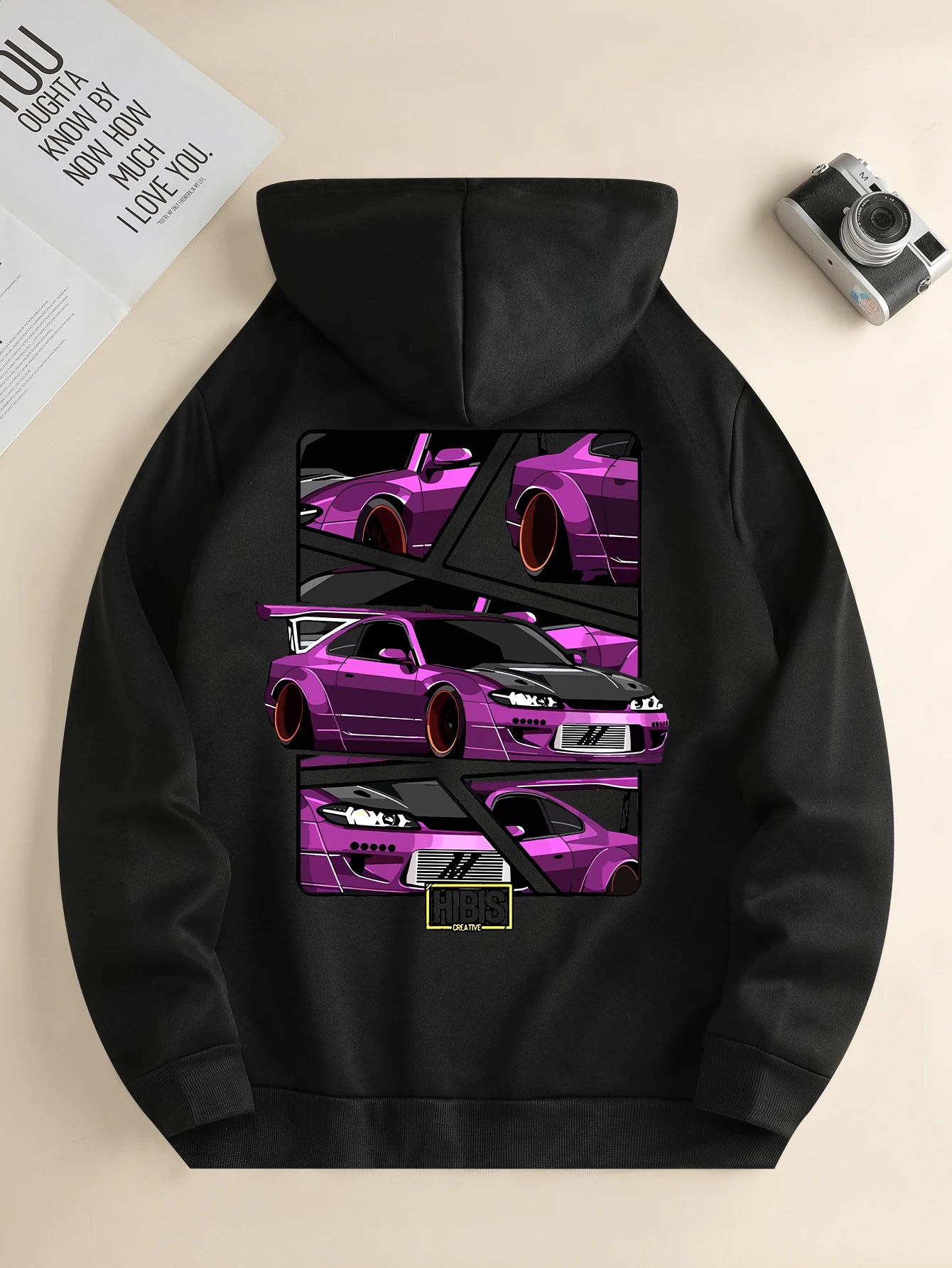 Men's new fashion hoodie, casual daily drawstring hooded sweatshirt car print, front kangaroo pocket, jacket