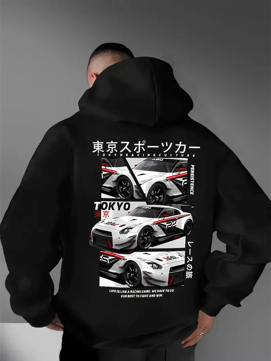 Behind the elements of the Japanese Tokyo Motor City, there is a big picture printed men's casual street style hoodie, sweatshir
