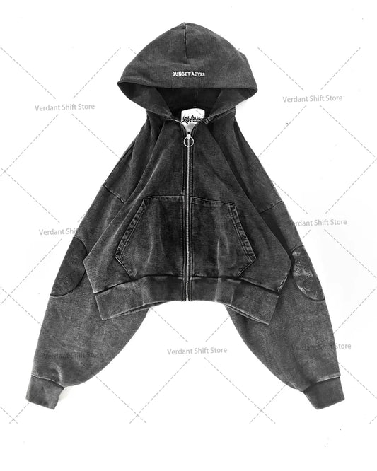 Retro Washed Embroidered Men's Hoodie Hip-Hop Streetwear Cotton Oversized Zip-Up Hooded Sweatshirt Stylish Couple's Activewear