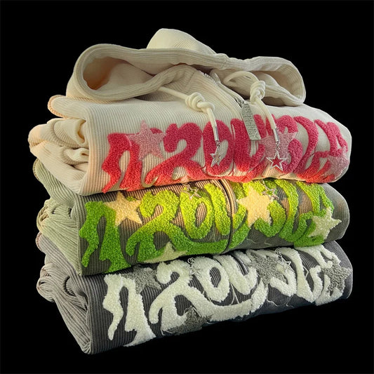 American Vintage Goth Corduroy Zip Up Hoodies For Men Hip Hop Fashion Foam Print Jacket Women's Y2K Streetwear Sweatshirts