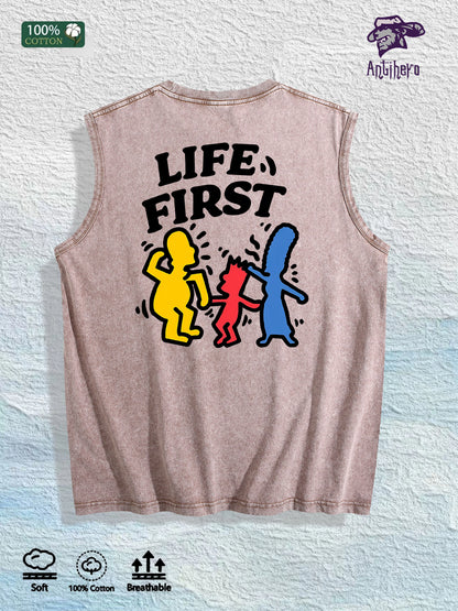 Life First Graphic Washed Vest US Warehouse 3 Colors Cotton Tank