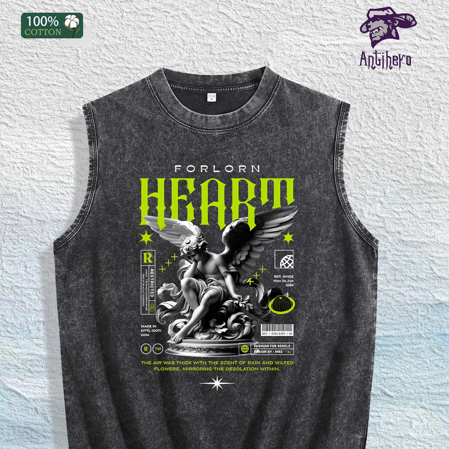 Forlorn Heart Graphic Washed Vest US Warehouse 3 Colors Cotton Tank
