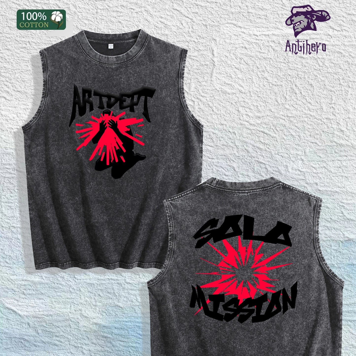 ARTDEPT Solo Mission Graphic Washed Vest US Warehouse 3 Colors Cotton Tank