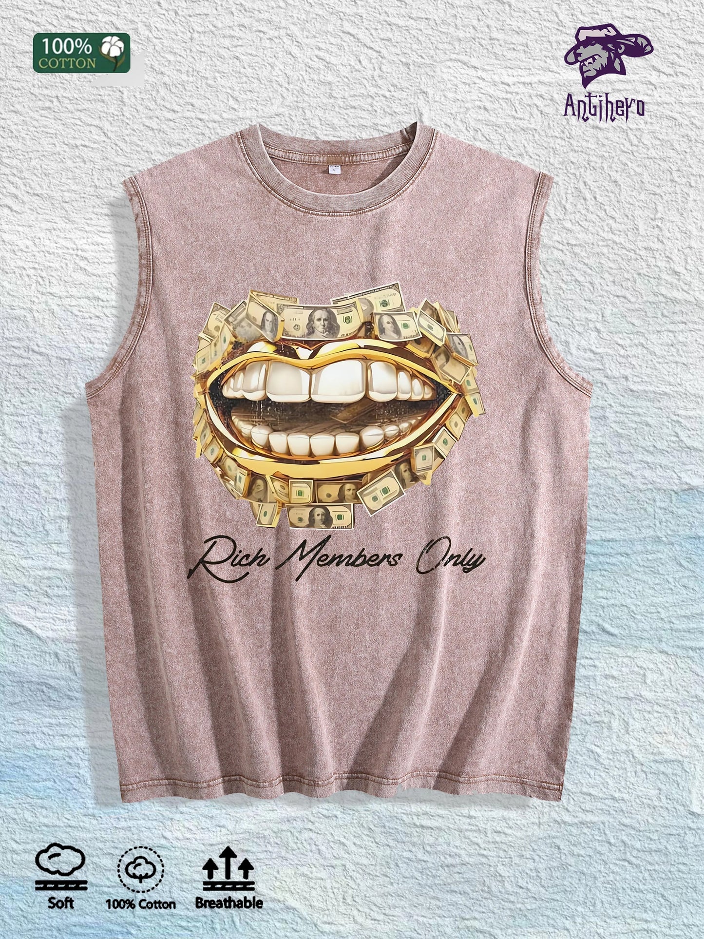 Rich Members Only Money Mouth Graphic Washed Vest US Warehouse 3 Colors Cotton Tank