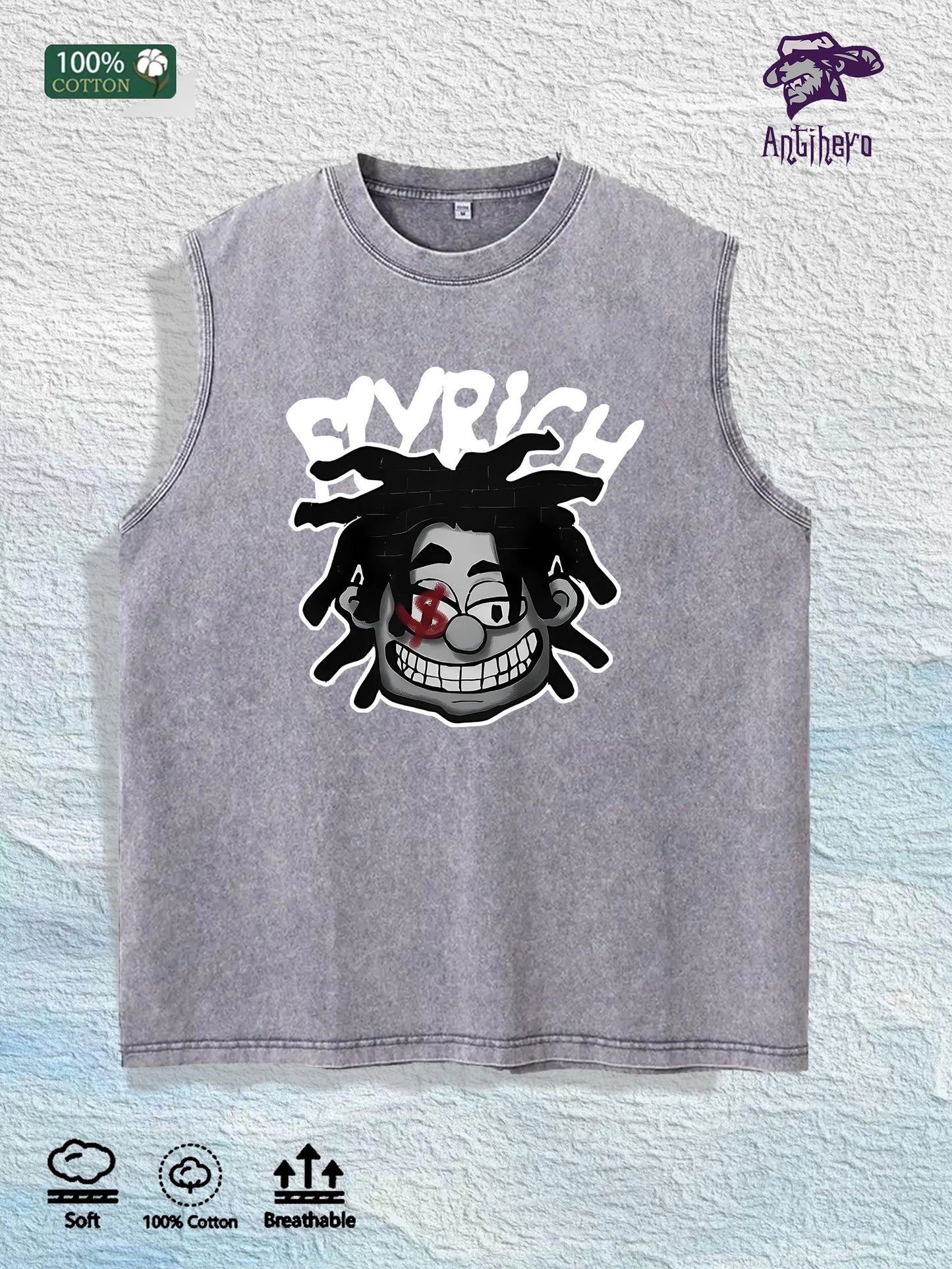 FlyRich Cartoon Graphic Washed Vest US Warehouse 3 Colors Cotton Tank