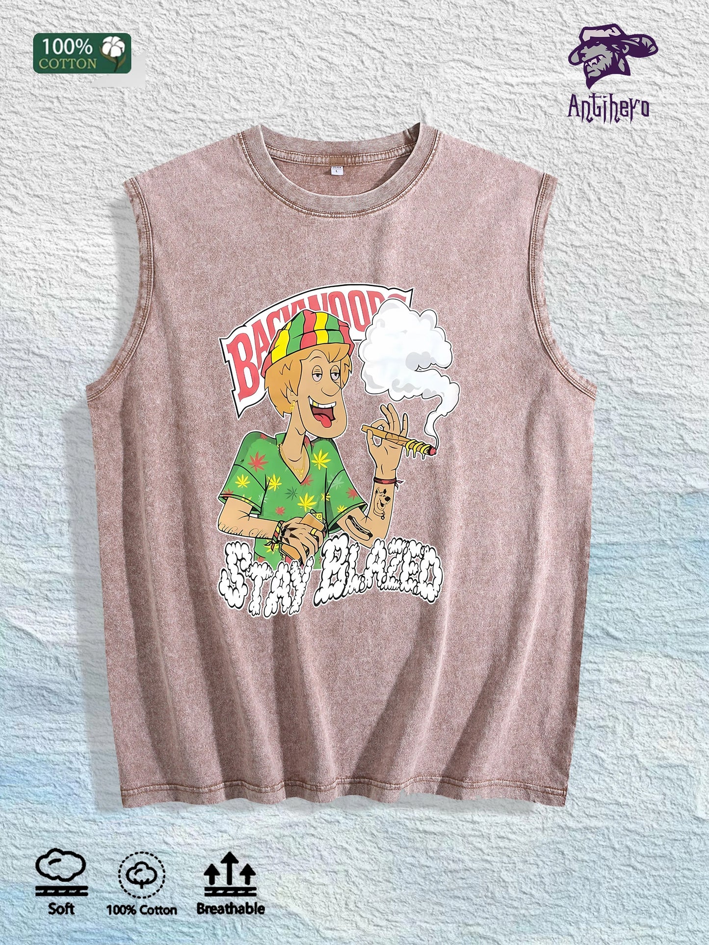 Stay Blazed Reggae Cartoon Graphic Washed Vest US Warehouse 3 Colors Cotton Tank