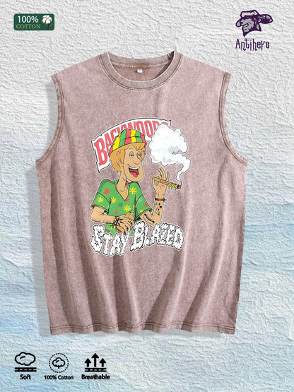 Stay Blazed Reggae Cartoon Graphic Washed Vest US Warehouse 3 Colors Cotton Tank