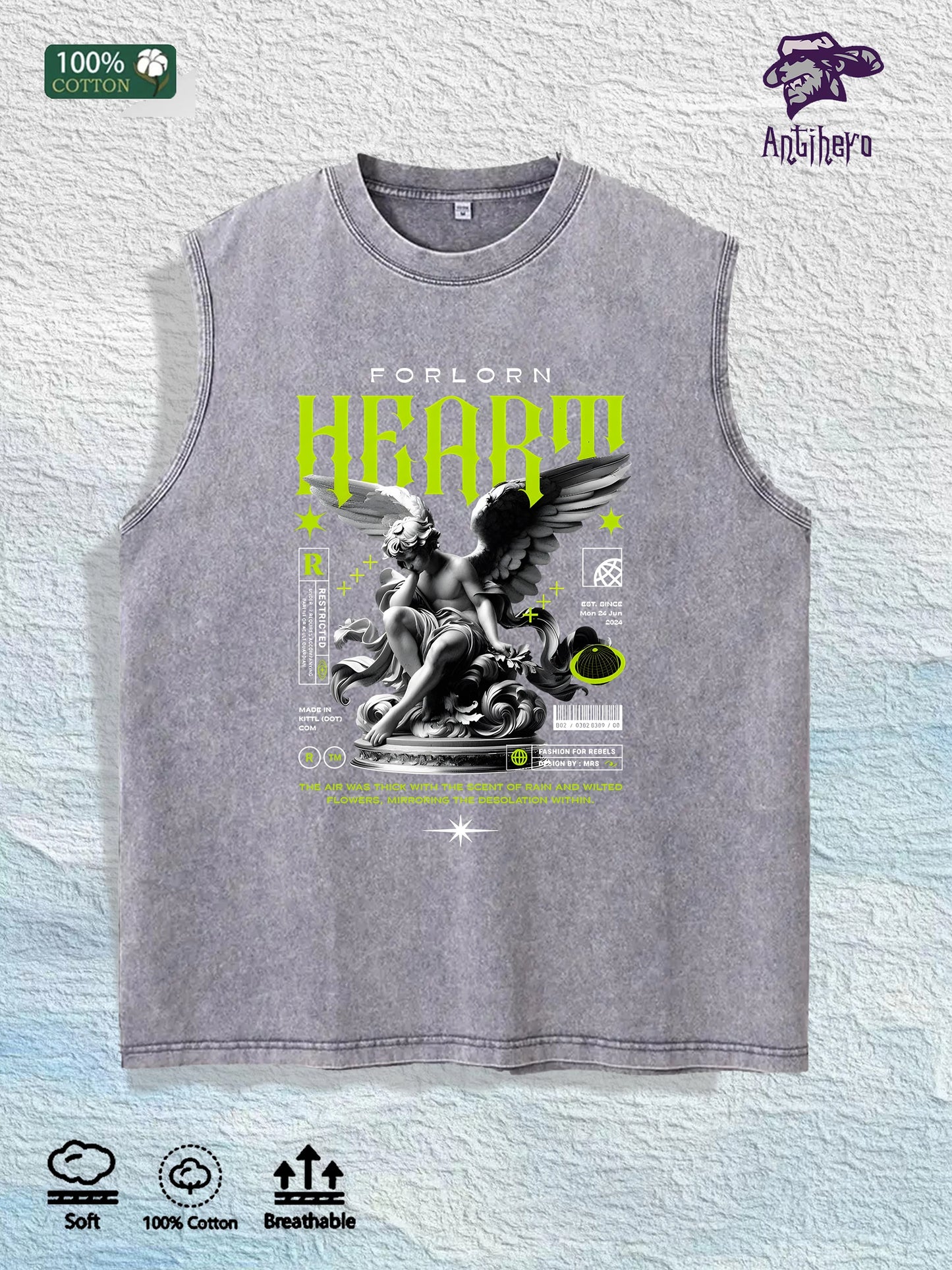 Forlorn Heart Graphic Washed Vest US Warehouse 3 Colors Cotton Tank