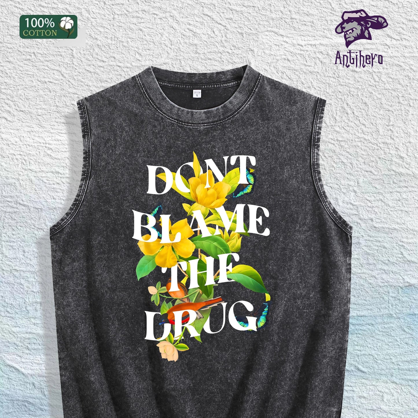 Don't Blame the Drug" Graphic Washed Vest US Warehouse 3 Colors Cotton Tank