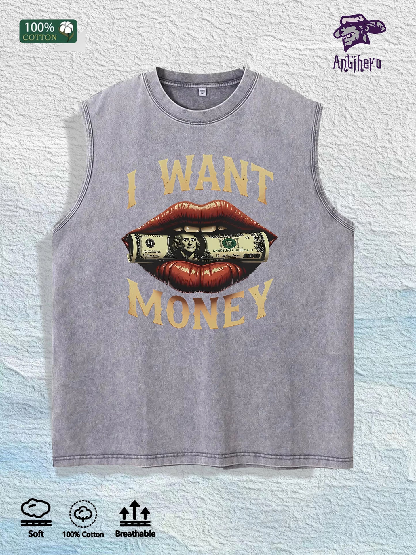 I WANT MONEY Graphic Washed Vest US Warehouse 3 Colors Cotton Tank