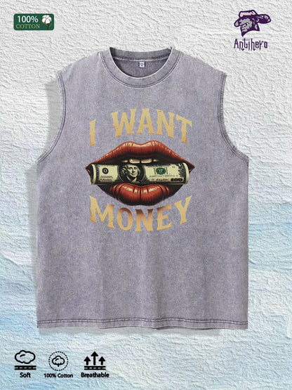 I WANT MONEY Graphic Washed Vest US Warehouse 3 Colors Cotton Tank