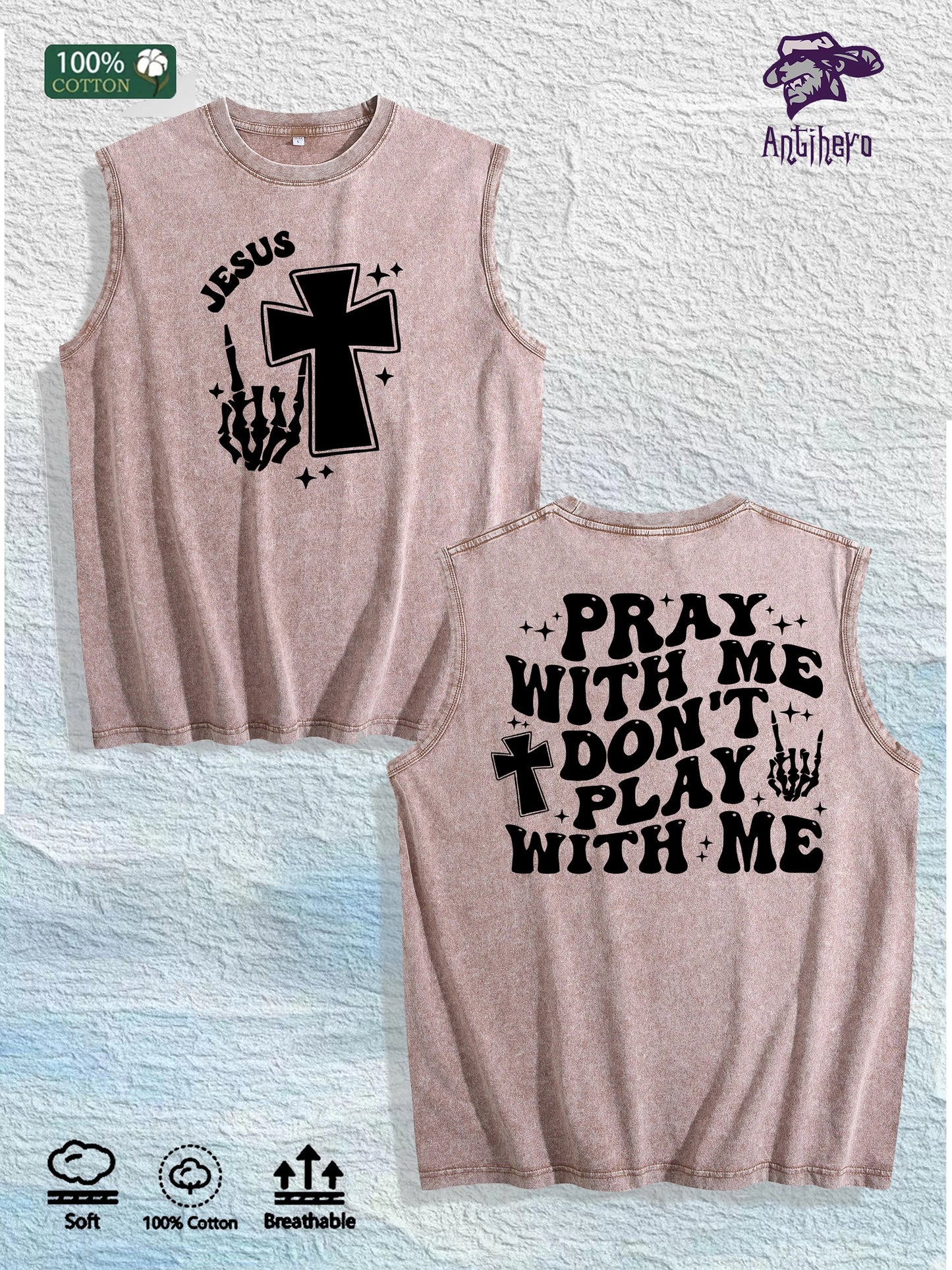 Religious Slogan Printed Washed Vest US Local Warehouse 3 Colors Cotton Breathable Trendy Top