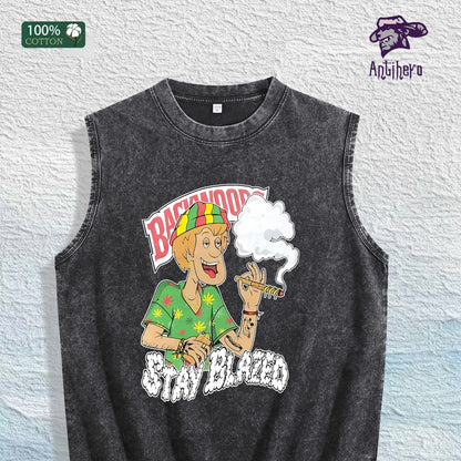 Stay Blazed Reggae Cartoon Graphic Washed Vest US Warehouse 3 Colors Cotton Tank