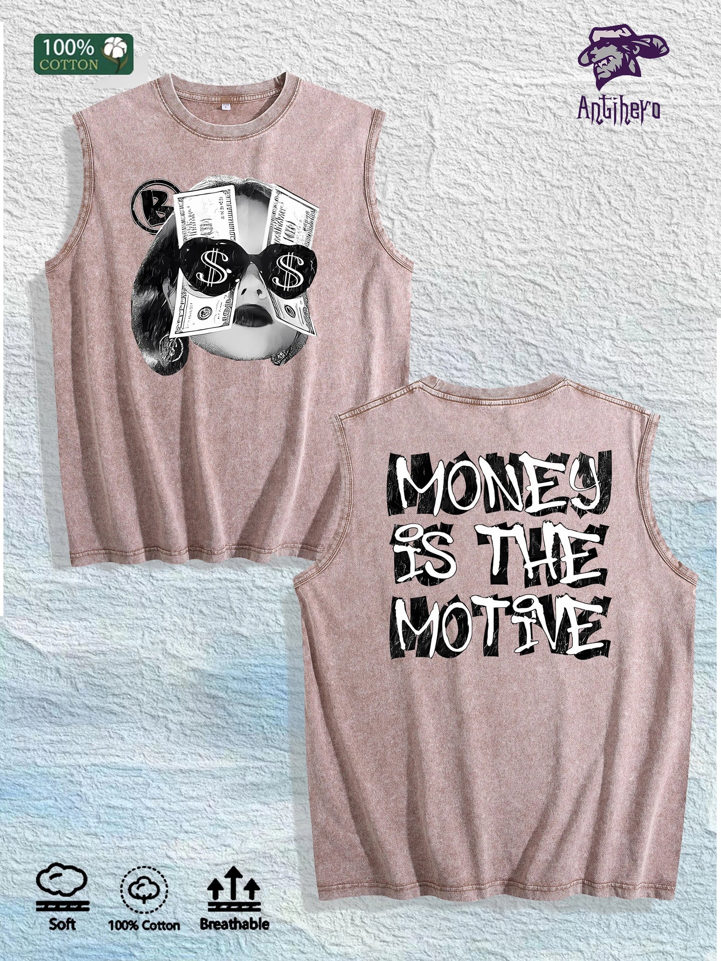 MONEY IS the MOTIVE Printed Washed Vest US Local Warehouse 3 Colors Cotton Breathable Trendy Top