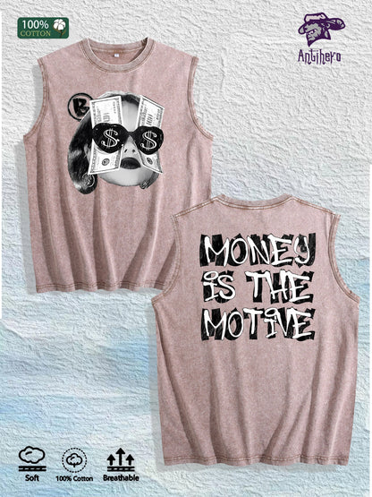 MONEY IS the MOTIVE Printed Washed Vest US Local Warehouse 3 Colors Cotton Breathable Trendy Top