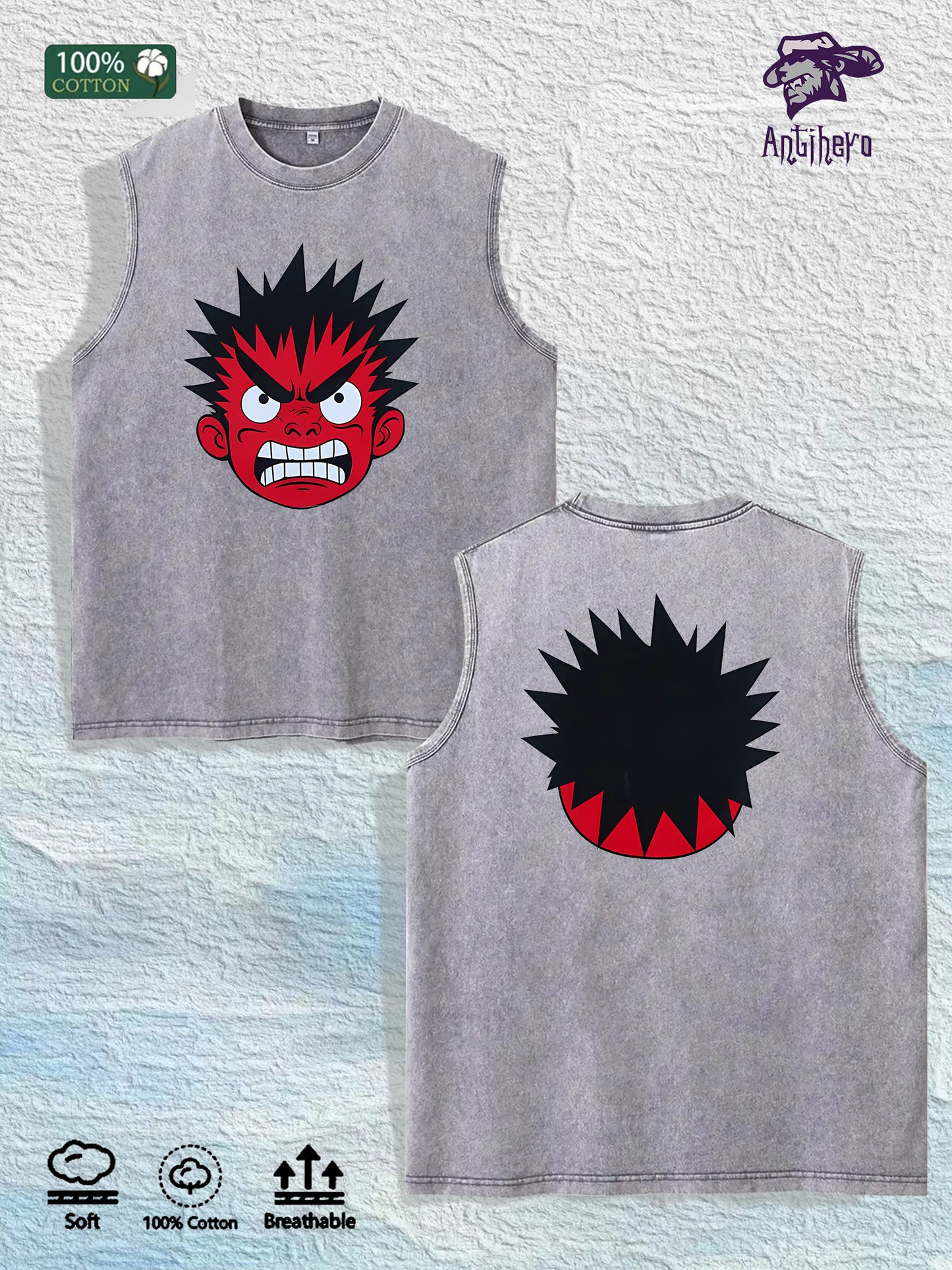 Anime Character Graphic Washed Vest US Warehouse 3 Colors Cotton Tank