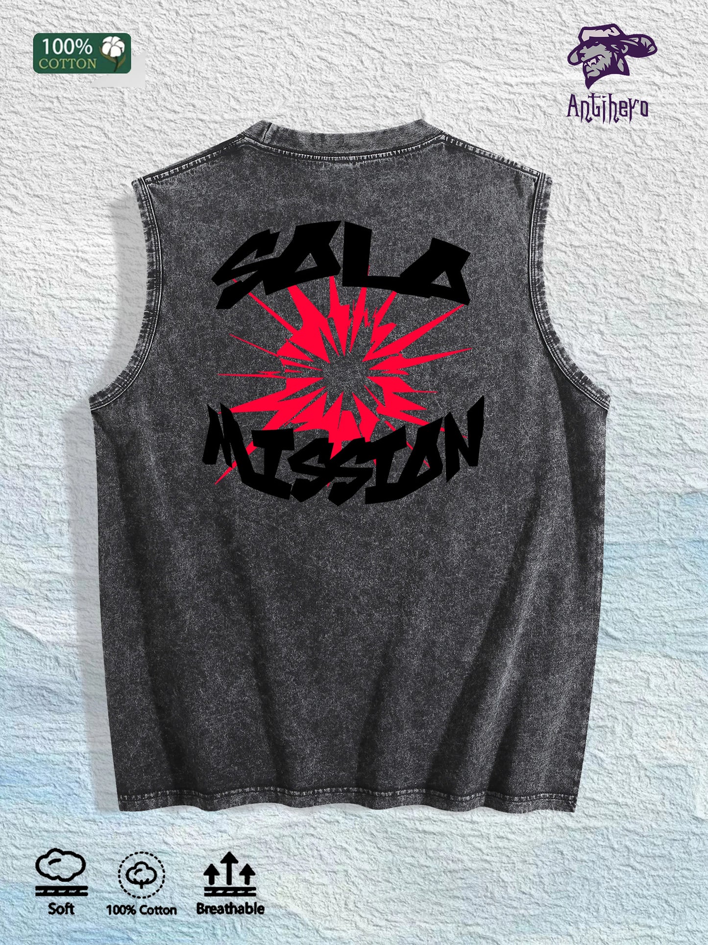 ARTDEPT Solo Mission Graphic Washed Vest US Warehouse 3 Colors Cotton Tank