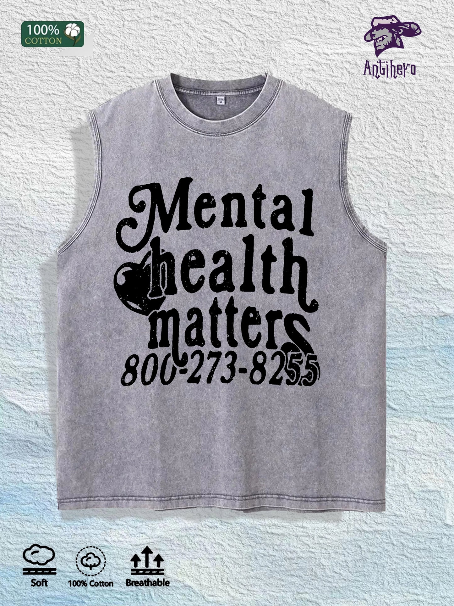 Mental Health Awareness Washed Vest US Warehouse 3 Colors Cotton Tank