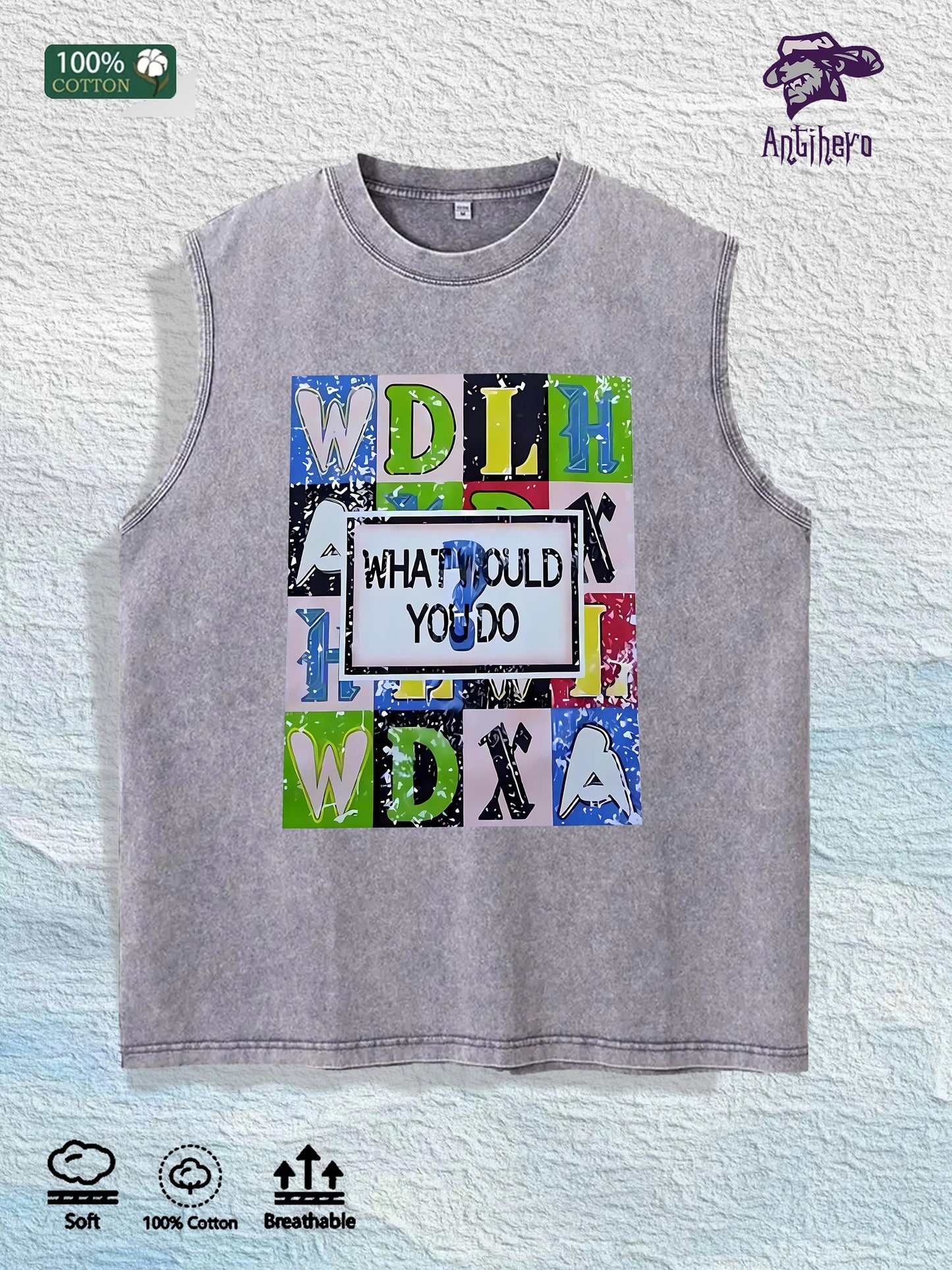 What Would You Do Graphic Washed Vest US Warehouse 3 Colors Cotton Tank