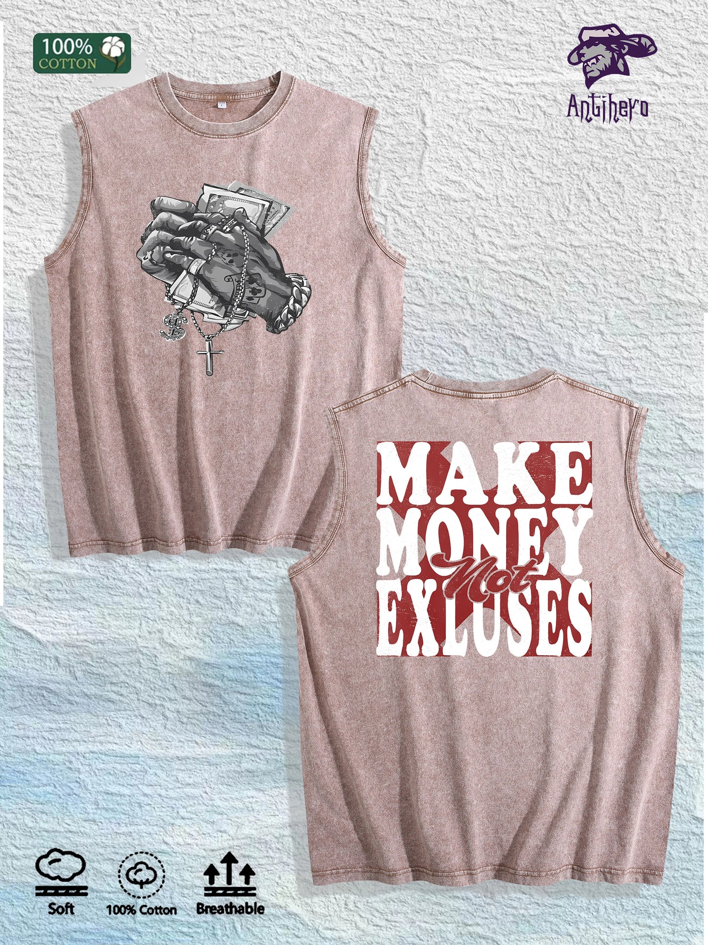 Make Money Not Excuses Graphic Washed Vest US Warehouse 3 Colors Cotton Tank