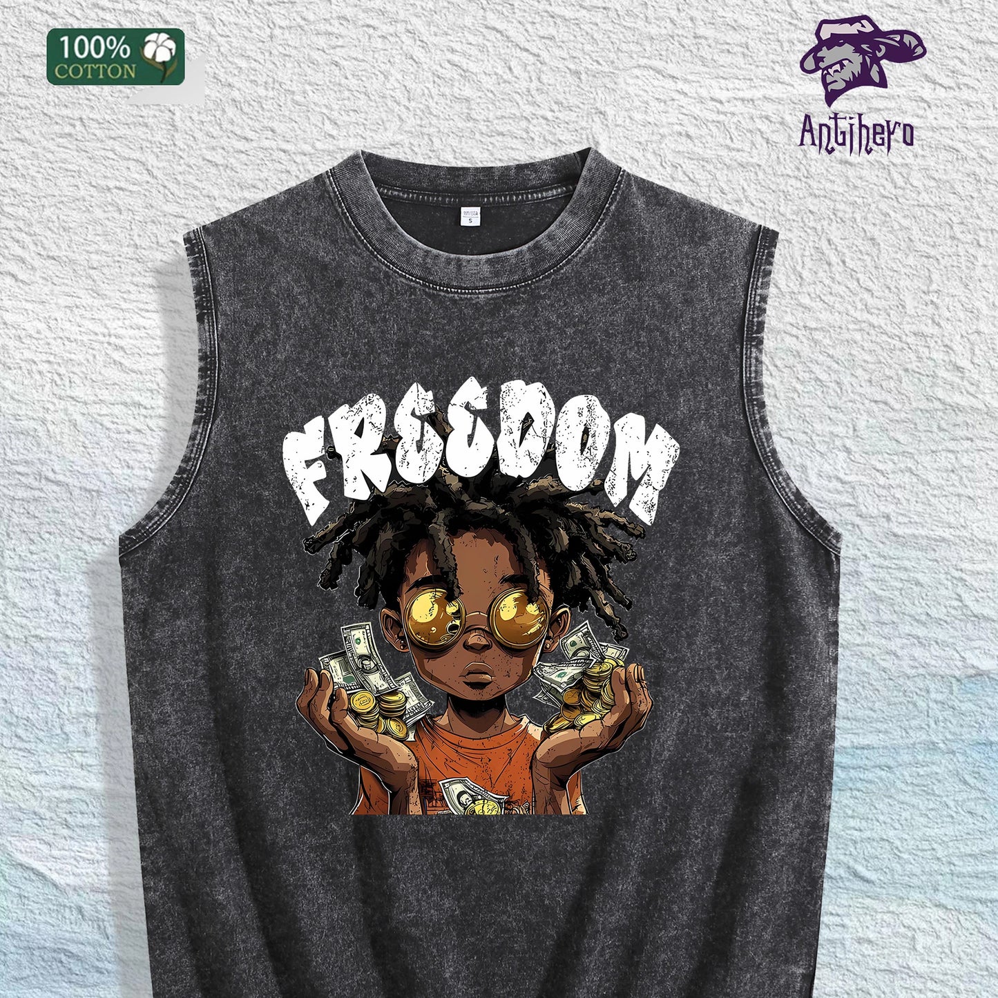 Freedom Graphic Washed Vest US Warehouse 3 Colors Cotton Tank