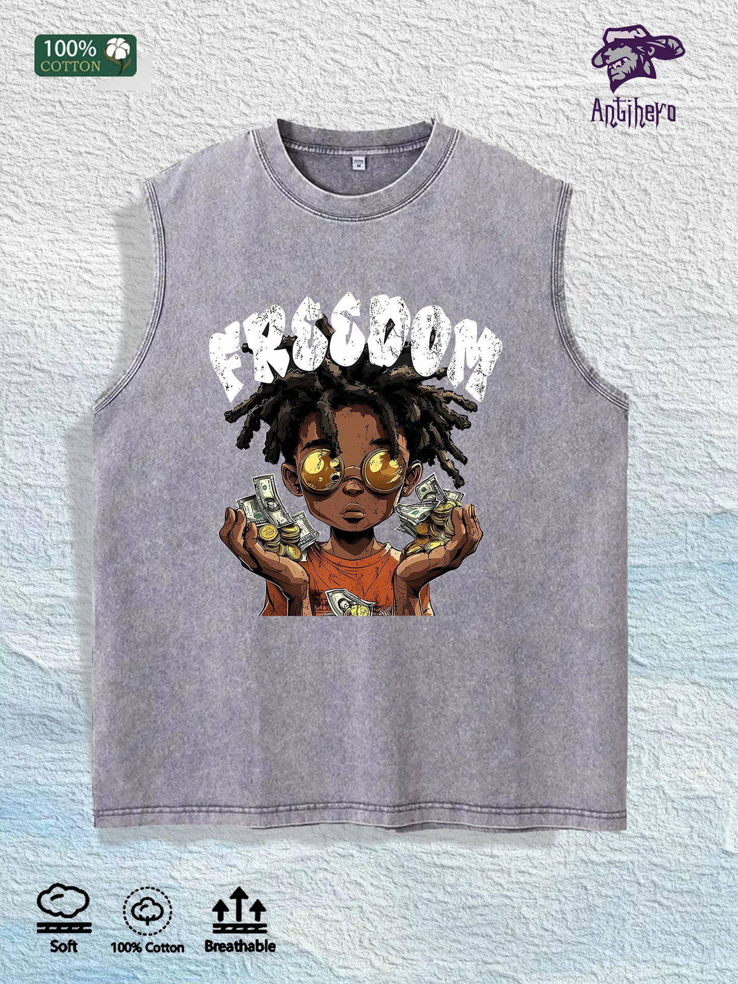 Freedom Graphic Washed Vest US Warehouse 3 Colors Cotton Tank