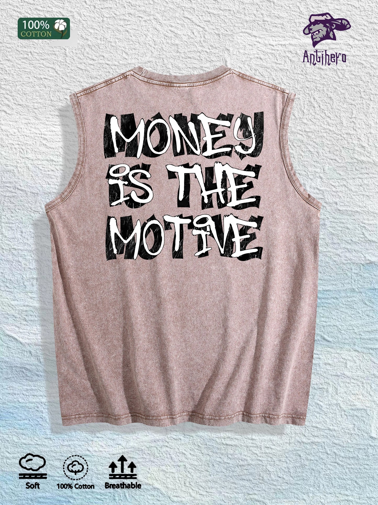 MONEY IS the MOTIVE Printed Washed Vest US Local Warehouse 3 Colors Cotton Breathable Trendy Top