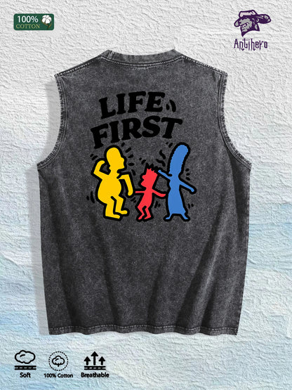 Life First Graphic Washed Vest US Warehouse 3 Colors Cotton Tank