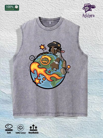 Cartoon Globe & Character Graphic Washed Vest US Warehouse 3 Colors Cotton Tank