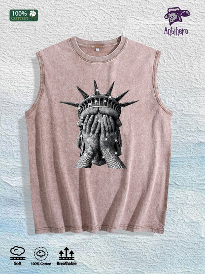 Liberty Covered Eyes Graphic Washed Vest US Warehouse 3 Colors Cotton Tank