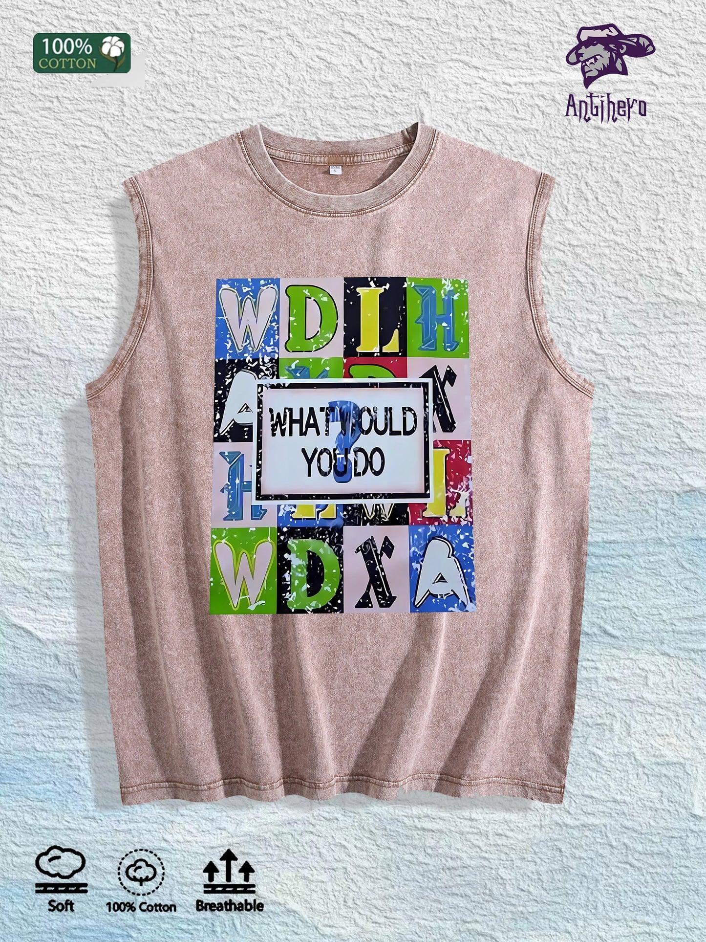 What Would You Do Graphic Washed Vest US Warehouse 3 Colors Cotton Tank