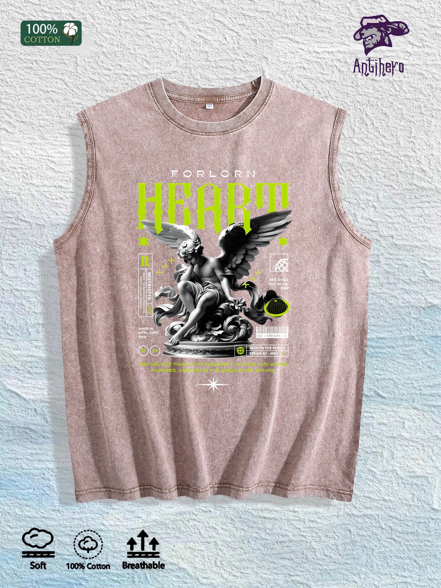 Forlorn Heart Graphic Washed Vest US Warehouse 3 Colors Cotton Tank