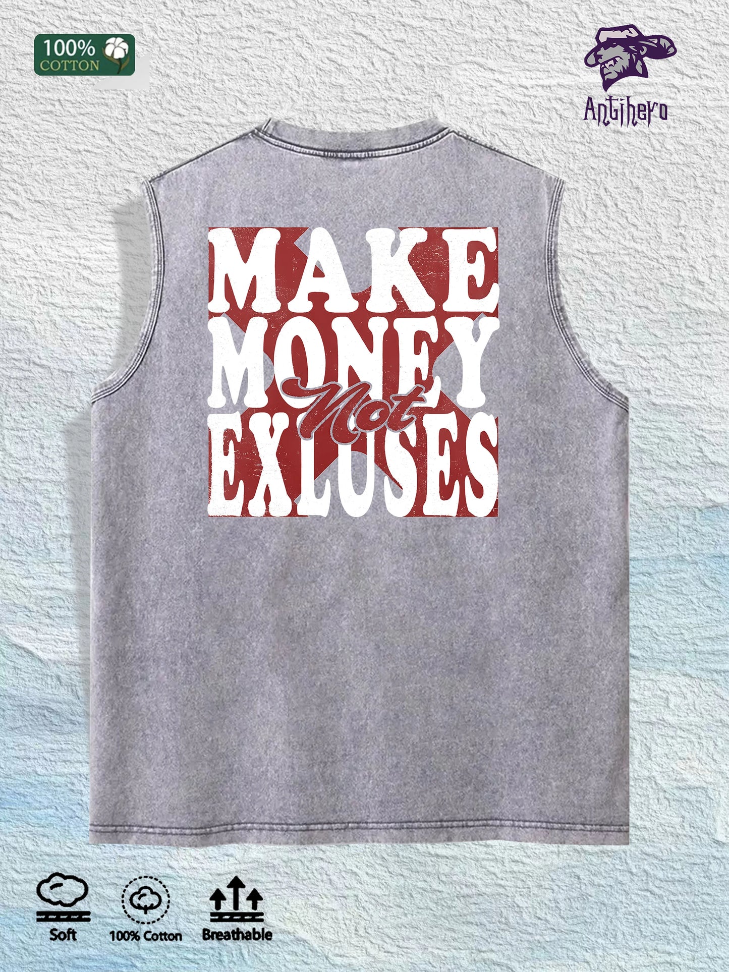 Make Money Not Excuses Graphic Washed Vest US Warehouse 3 Colors Cotton Tank