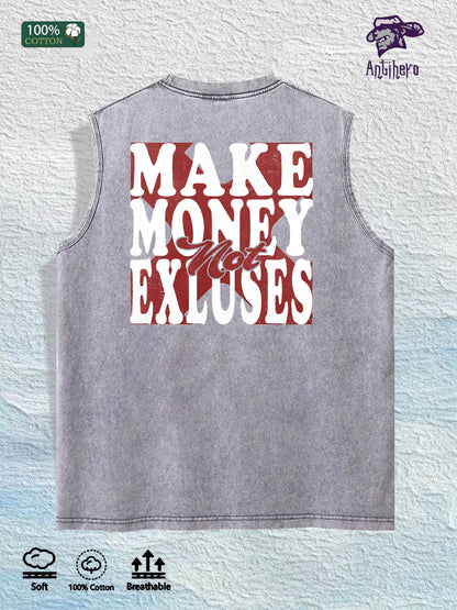 Make Money Not Excuses Graphic Washed Vest US Warehouse 3 Colors Cotton Tank