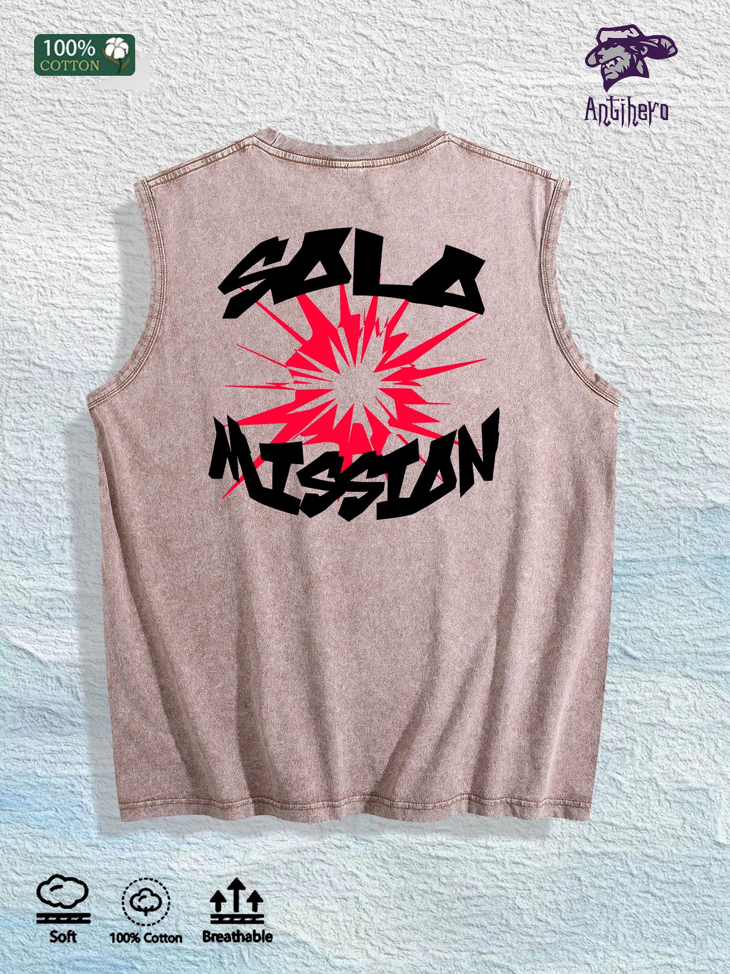 ARTDEPT Solo Mission Graphic Washed Vest US Warehouse 3 Colors Cotton Tank