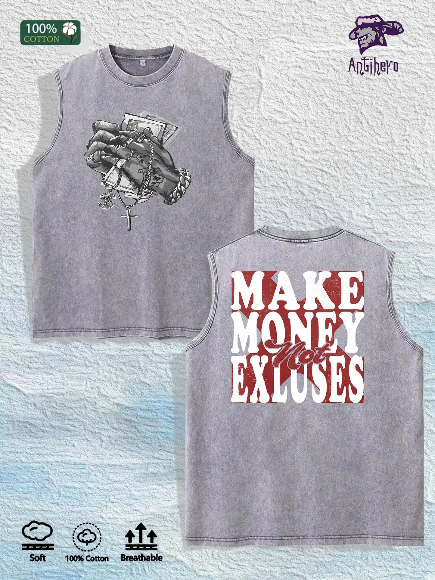 Make Money Not Excuses Graphic Washed Vest US Warehouse 3 Colors Cotton Tank