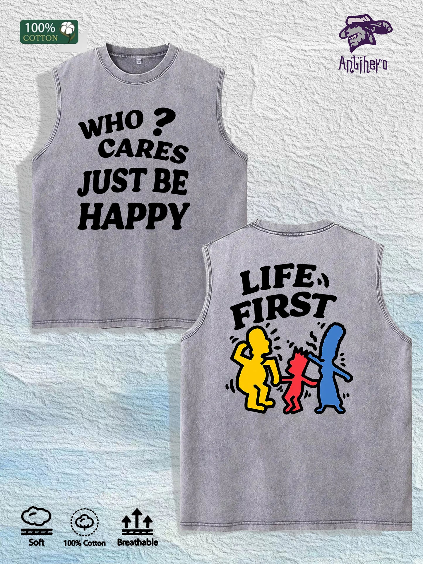 Life First Graphic Washed Vest US Warehouse 3 Colors Cotton Tank