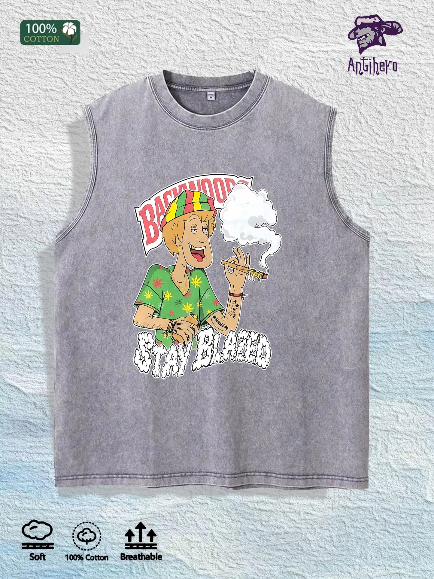 Stay Blazed Reggae Cartoon Graphic Washed Vest US Warehouse 3 Colors Cotton Tank