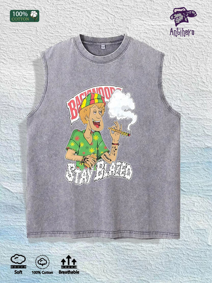 Stay Blazed Reggae Cartoon Graphic Washed Vest US Warehouse 3 Colors Cotton Tank