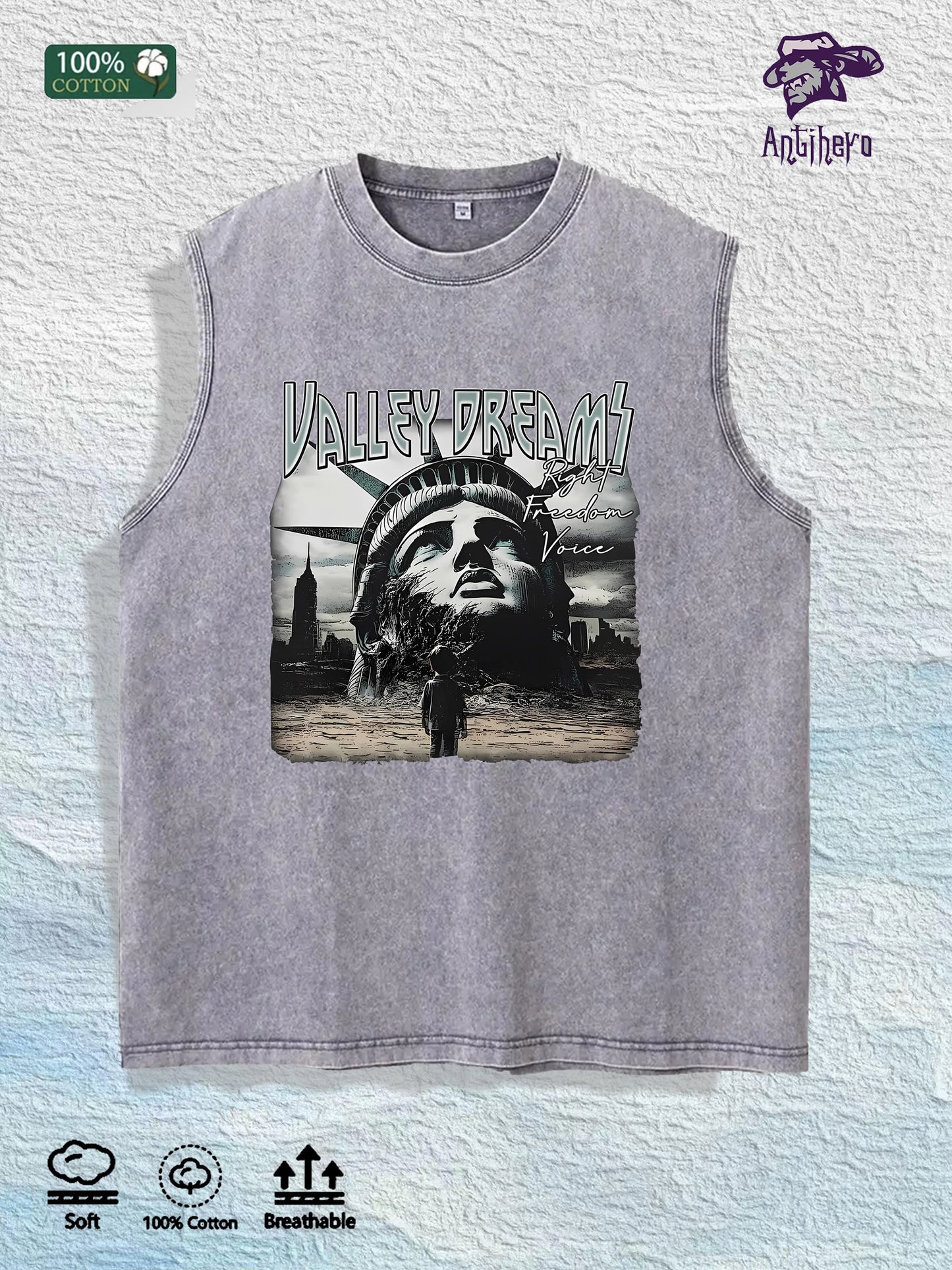 Valley Dreams Liberty Graphic Washed Vest US Warehouse 3 Colors Cotton Tank