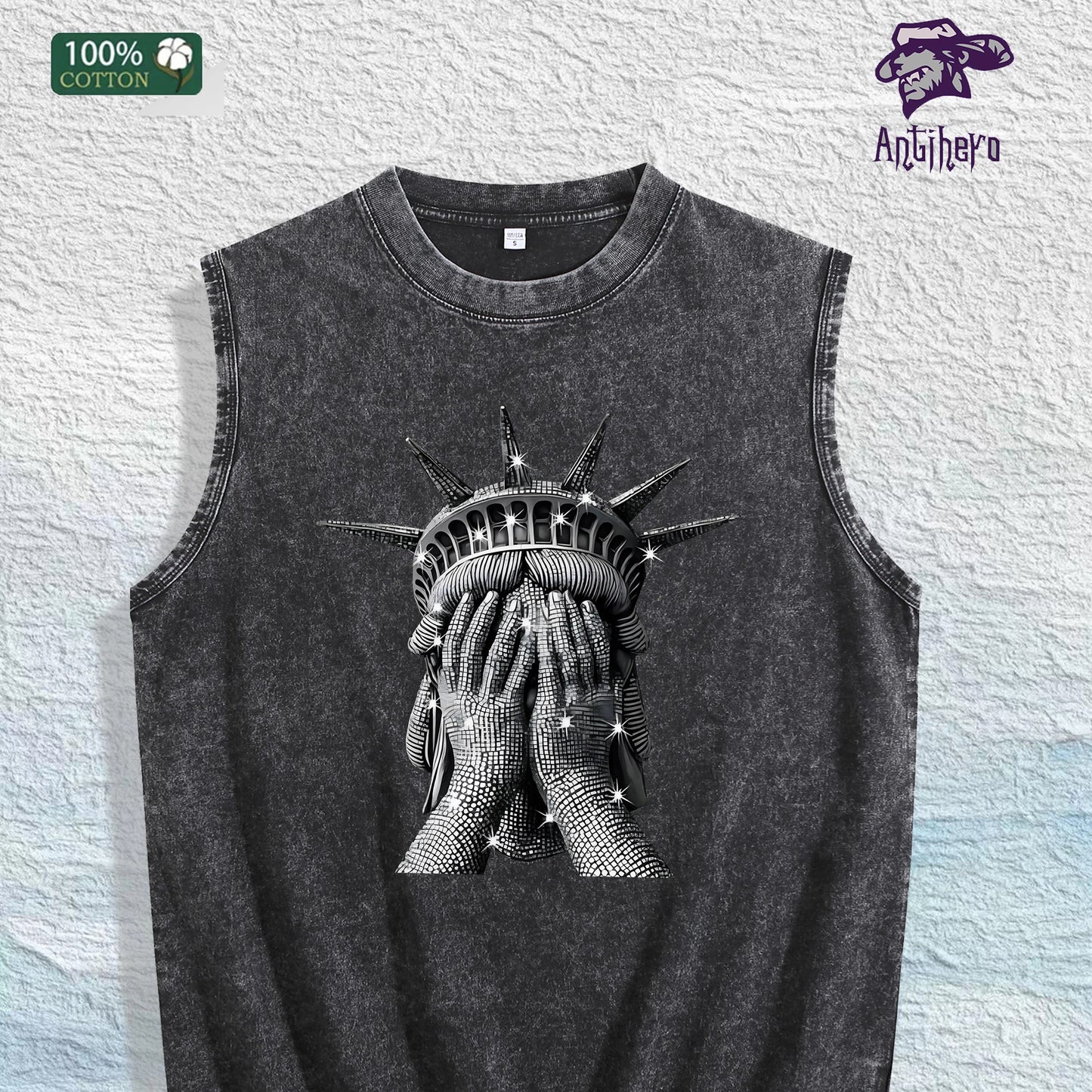 Liberty Covered Eyes Graphic Washed Vest US Warehouse 3 Colors Cotton Tank