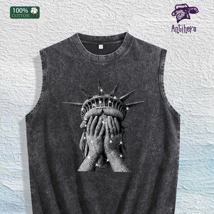 Liberty Covered Eyes Graphic Washed Vest US Warehouse 3 Colors Cotton Tank