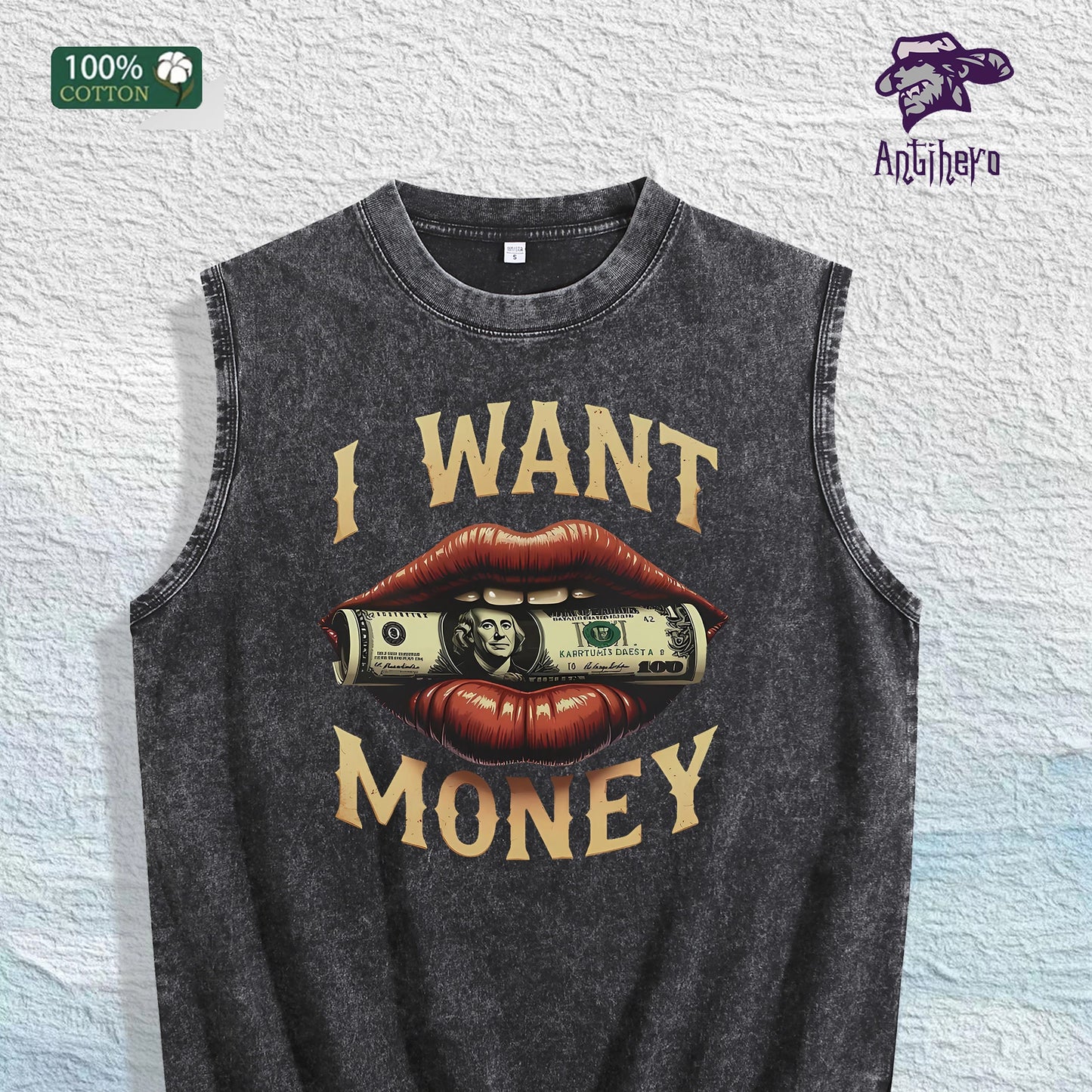 I WANT MONEY Graphic Washed Vest US Warehouse 3 Colors Cotton Tank