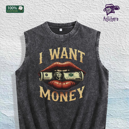 I WANT MONEY Graphic Washed Vest US Warehouse 3 Colors Cotton Tank
