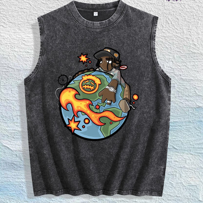 Cartoon Globe & Character Graphic Washed Vest US Warehouse 3 Colors Cotton Tank