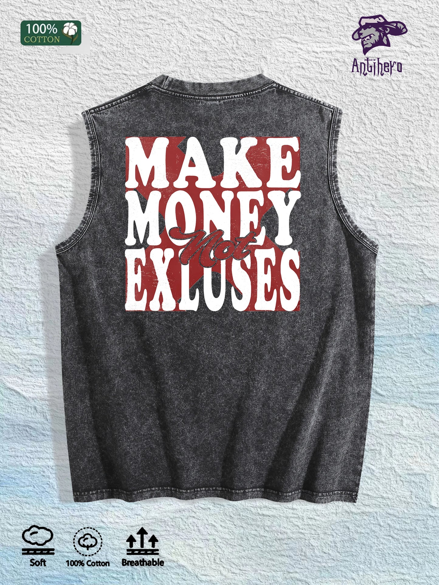 Make Money Not Excuses Graphic Washed Vest US Warehouse 3 Colors Cotton Tank