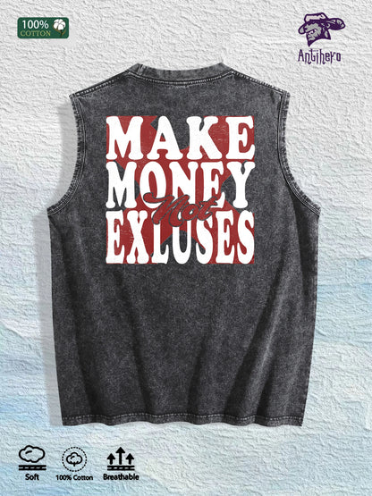 Make Money Not Excuses Graphic Washed Vest US Warehouse 3 Colors Cotton Tank