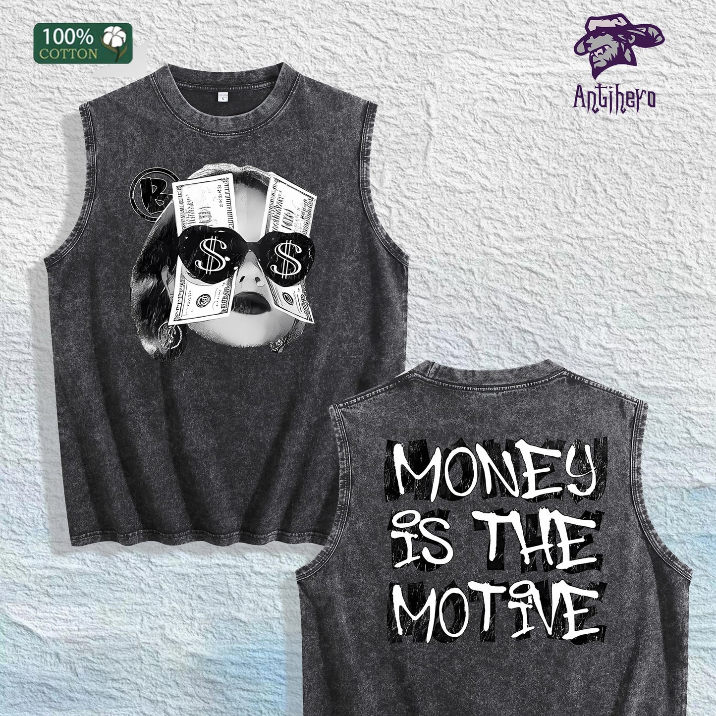 MONEY IS the MOTIVE Printed Washed Vest US Local Warehouse 3 Colors Cotton Breathable Trendy Top